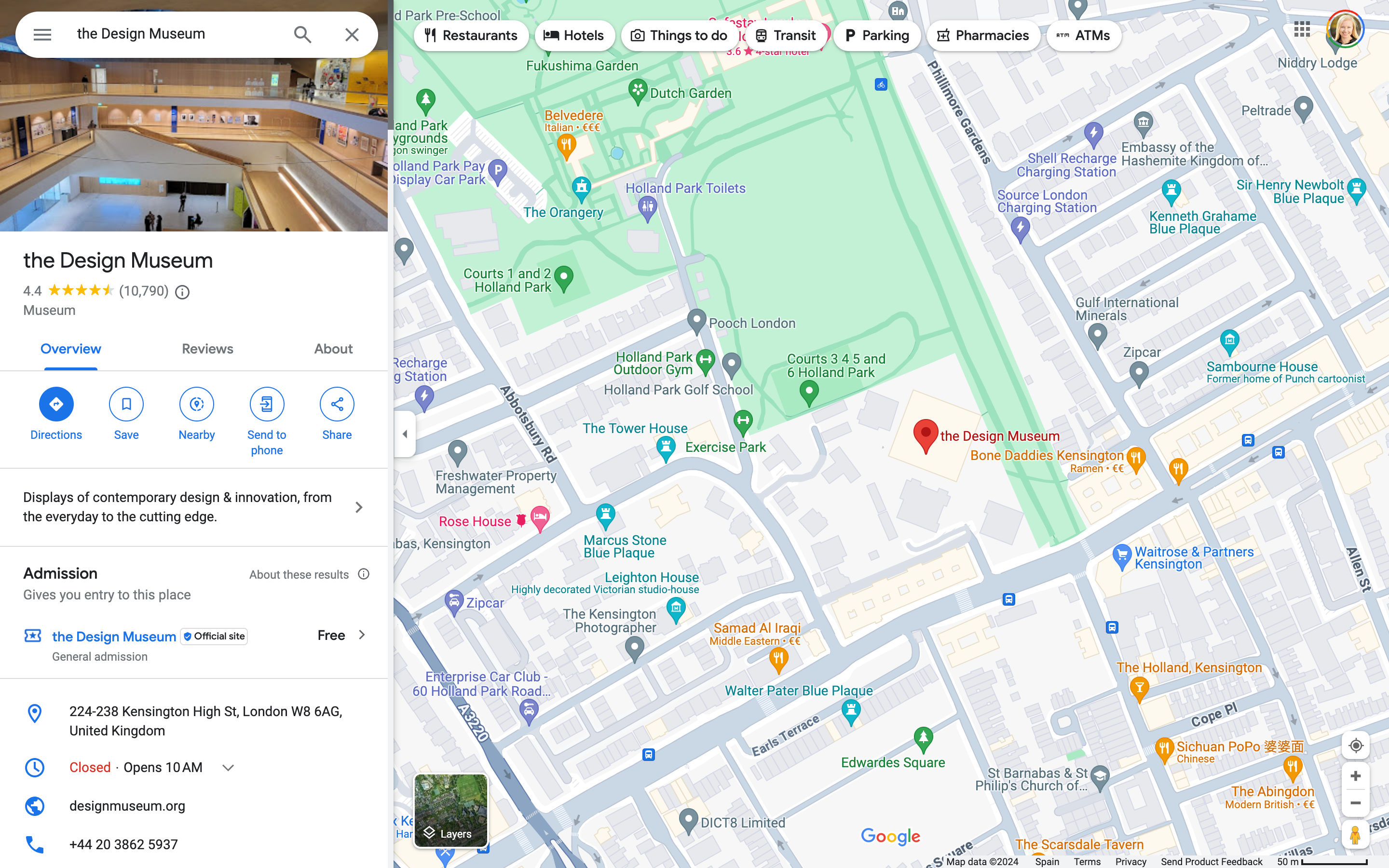 A screenshot of Google Maps showing the Design Museum in London, UK. On the left is a profile of the location, on the right is the map.
